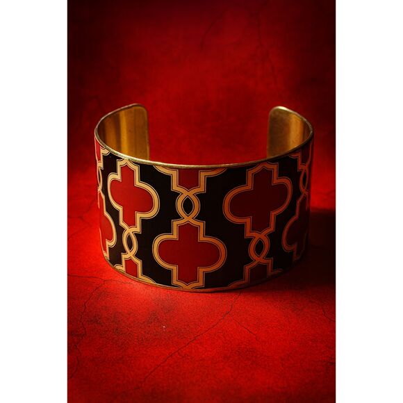 Mudpie Red & Black Geometric Cuff Bracelet – Gold Tone Wide Enamel Adjustable - Picture 1 of 6